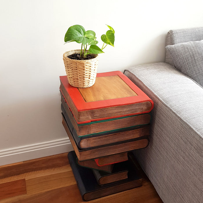 Solid Timber Corner Side Table Book Stack Plant Stand with Storage Compartment