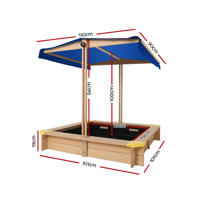 Keezi Kids Sandpit Wooden Sandbox Sand Pit with Canopy Bench Seat Toys 101cm