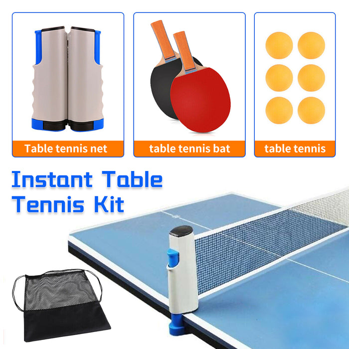 Instant Table Tennis Kit Ping Pong Set Retractable Net Rack + 2 Bats + 6 Balls