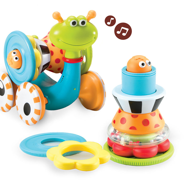 Crawl N Go Snail Musical With Stacker Developmental Toy Promotes Baby's Crawling