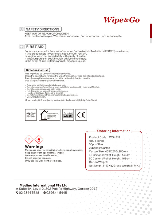 70% IPA Alcohol Wipes Wipe & Go 50~250pc (19x14cm) Hospital Grade Surface Bulk