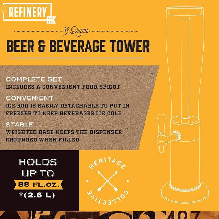 Refinery Beer Tower 2.6L With Tap Ice Drink Dispenser Beverage Bar Tube Copper