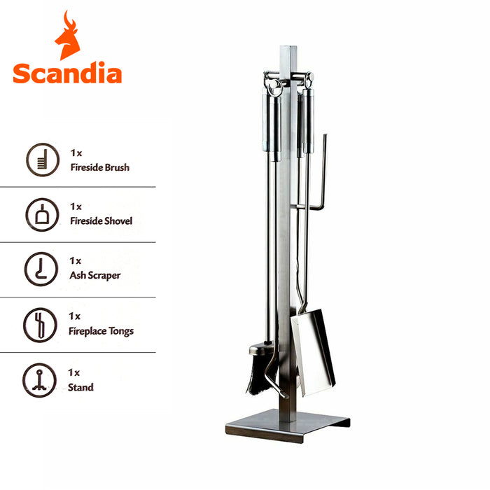 Scandia Vogue Fire Stainless Steel Tool Set Steel Fireside Ash Scraper Shovel Tongs Brush Stand