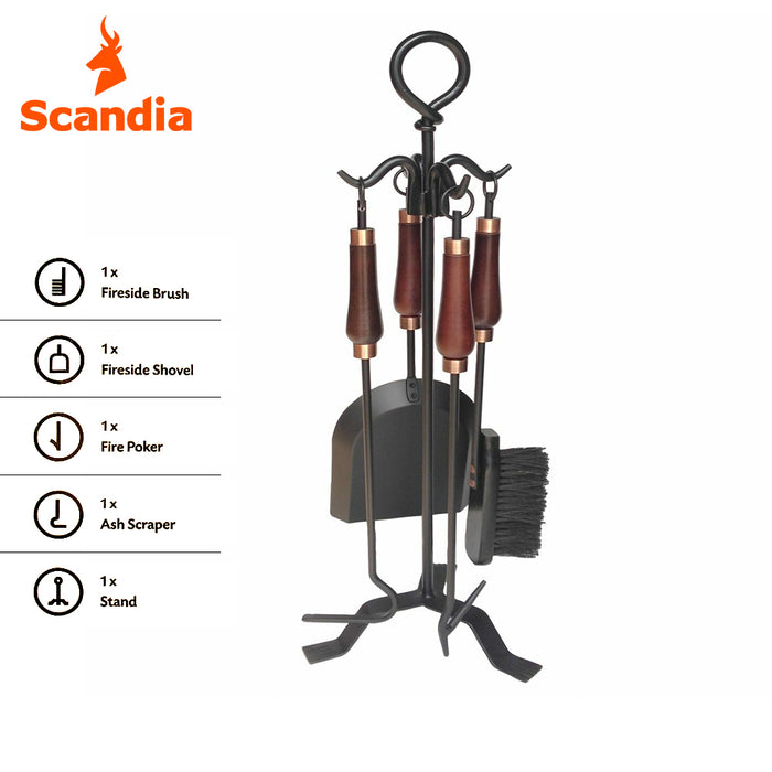 Scandia DELUXE 5 Piece Fireplace Tool Set Fire Place Shovel Brush Poker + Stand
