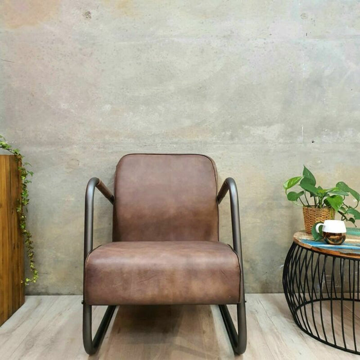 [MANGO TREES] "Duke" Leather Armchair Light Brown With Space Grey Steel Frame