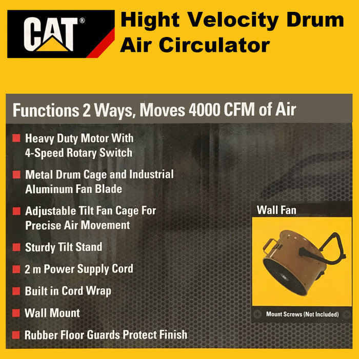 Cat High Velocity Drum Air Circulator Workshop Floor Fan Moves 4000 CFM Of Air