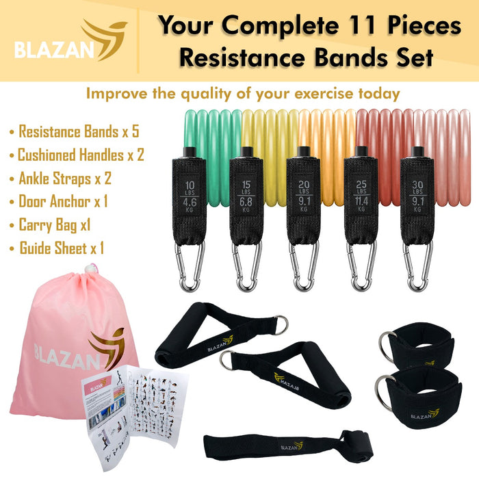 11 PC Resistance Bands Set Home Workout Exercise Tube Bands With Door Anchor Handles Carry Bag Legs Ankle Straps For Strength Training Physical Therapy