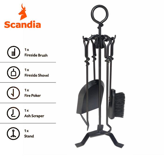 Scandia Classic 5pc Fireside Fire Tool Set Stand Poker Brush Ash Scrapper Shovel