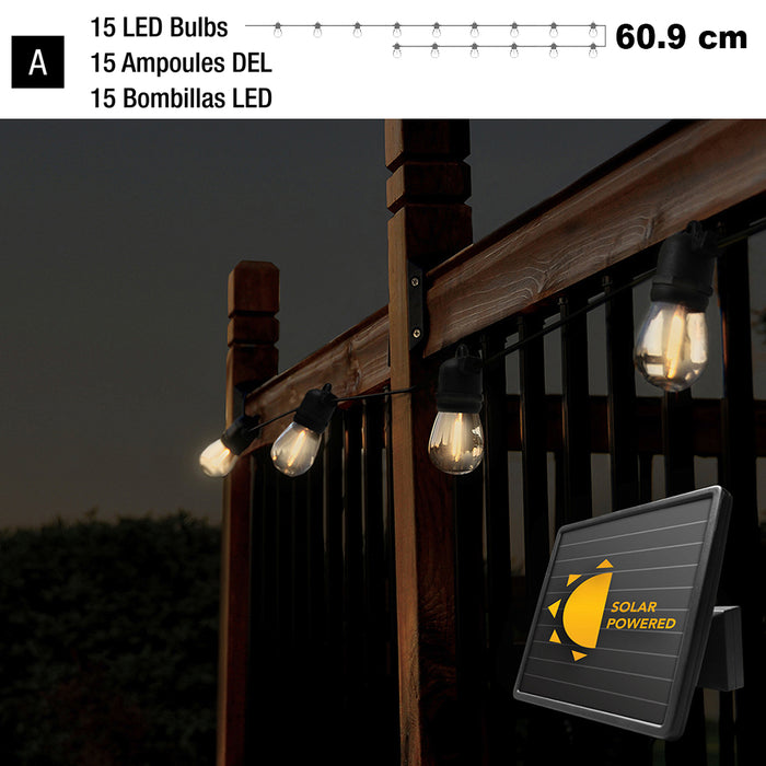 Sunforce 10m Electric Solar LED String 15 Lights 60.9cm Bulb Spacing Outdoor Weather Resistant Sundorce