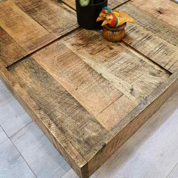 MANGO TREES Square Retro Coffee Table Rough Finish Solid Mango Wood 68cm