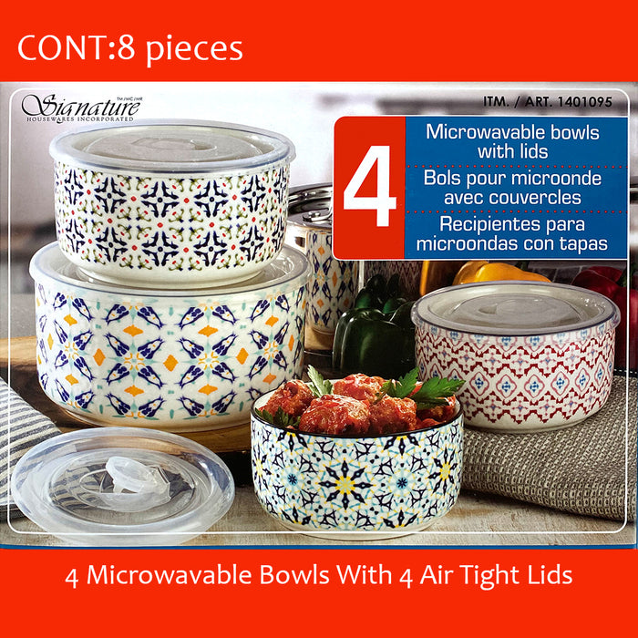 Signature Ceramic 4 Bowls With 4 Air Tight Lids BPA Free Microwavable Bowls Set