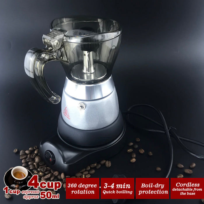 High Pressure Electric Moka Coffee Maker/Cafeteria Espresso Moka 4Cups PC & Aluminum