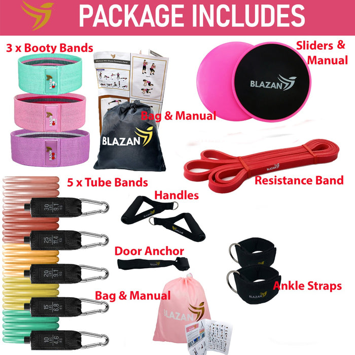 21 Pieces Resistance Exercise Bands Fitness Heavy Duty Band Bundle Complete Home Workout Tube Booty Bands Gliding Core Sliders