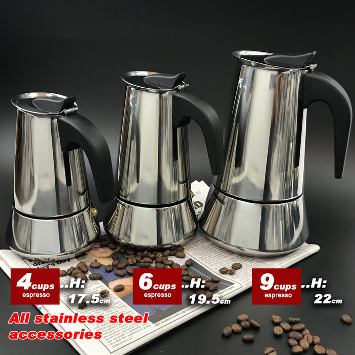 Stainless Steel Stove Top Espresso Italian Coffee Maker Percolator Moka Pot 4Cups /6Cups / 9Cups