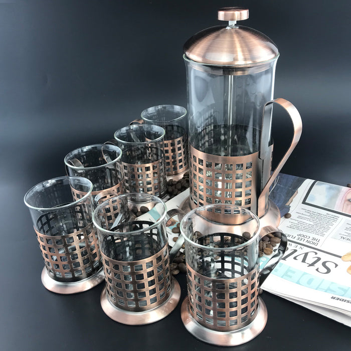 French Press Coffee Plunger Glass Tea Maker Vintage Copper 1000ml 6 Cups Set