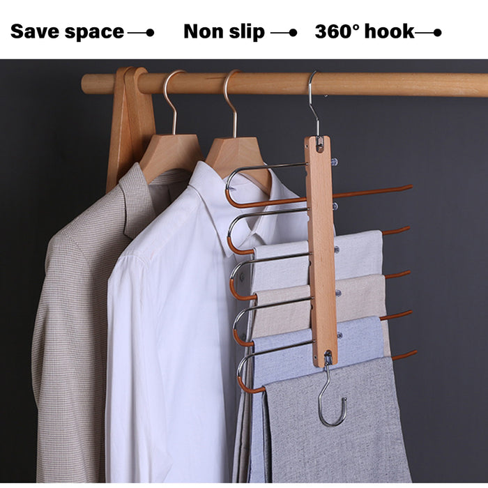 5in1 Wooden & Solid Metal Magic Hanger Pant Clothes Tie Rack Save Space Non Slip