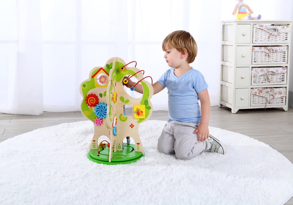 Tooky Toy Wooden Activity Tree Play Centre - Bead Maze, Abacus, Turning Gear
